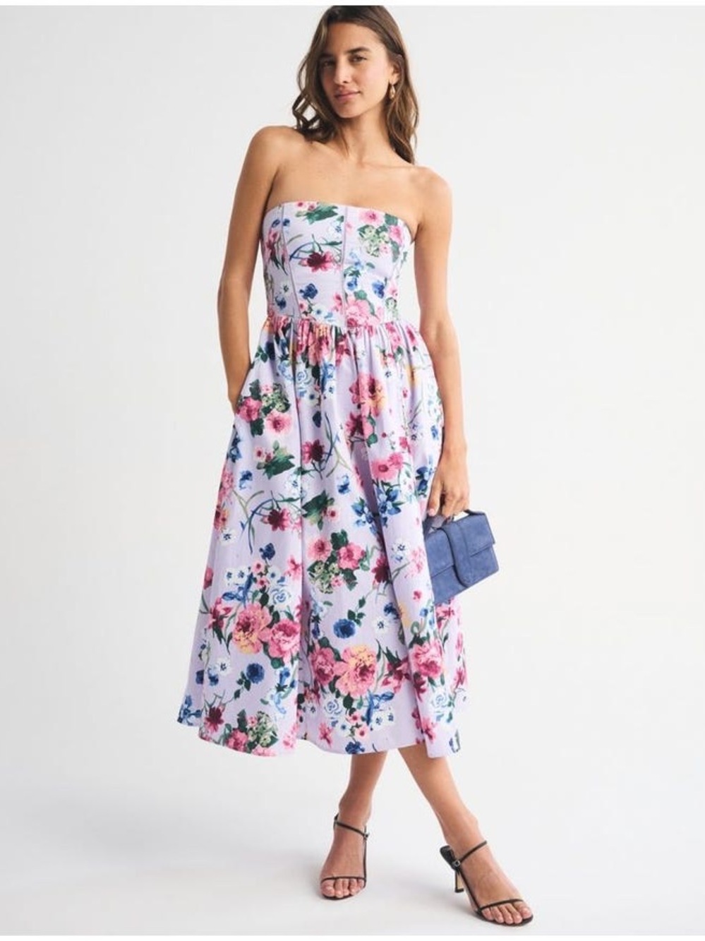 Abercrombie & Fitch Strapless Floral Midi Dress in Lavender, Pink and Blue